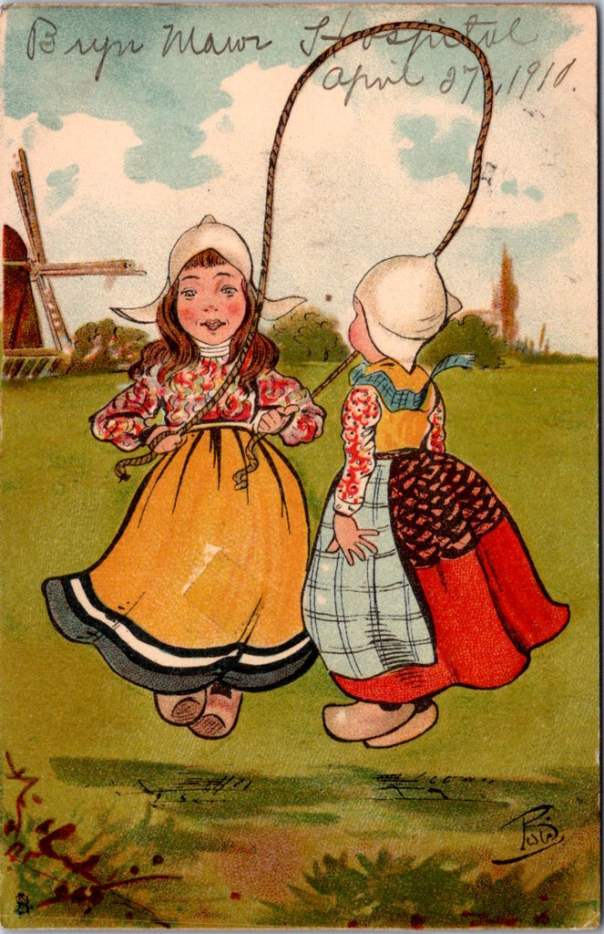 Greetings - Misc - Dutch girls, jump roping - TUCK postcard - w00173