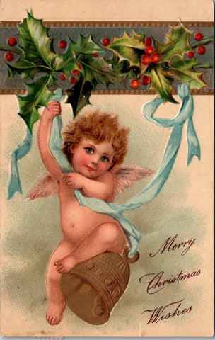 Xmas - Little angel with no clothes but does have wings, swinging on bell and ribbon postcard