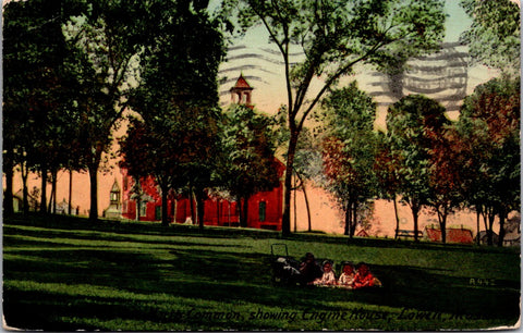 MA, Lowell - Engine House in North Common, Kids, baby carriage on lawn postcard