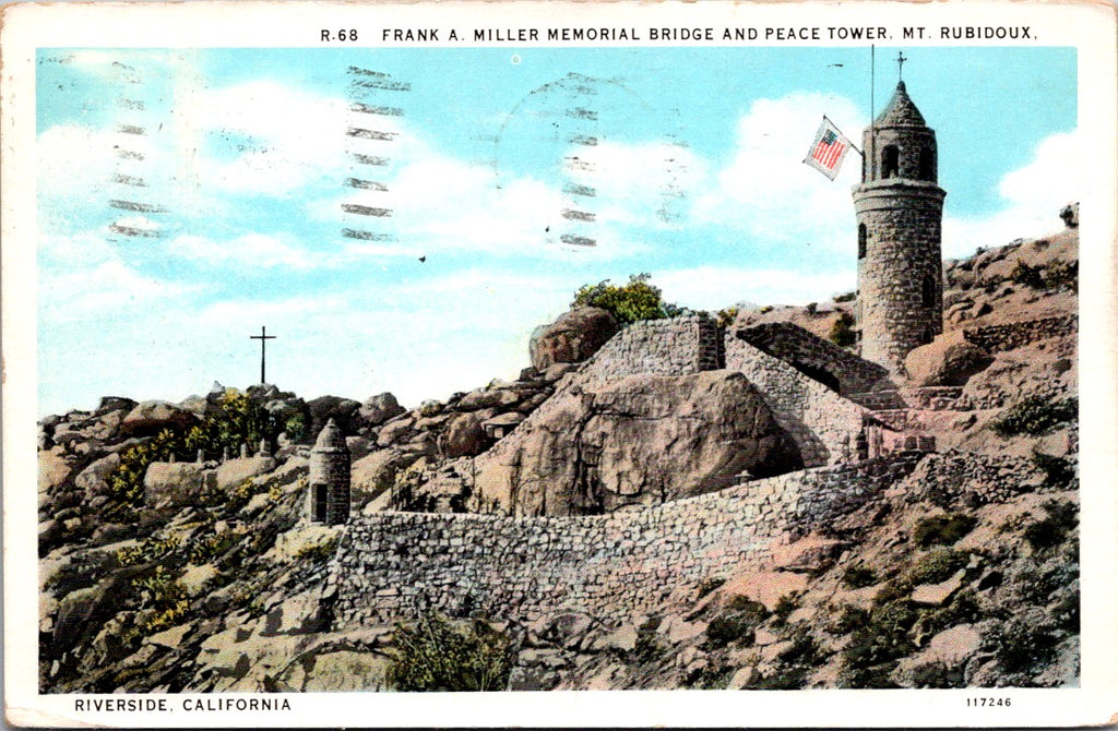 CA, RIVERSIDE - Frank A Miller Memorial bridge, peace tower postcard - w01517