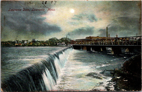 MA, Lawrence - Dam, bridge, water fall, buildings etc postcard
