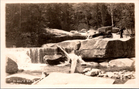 NH, NORTH CONWAY - Dianas Baths - man in suit standing on rocks - RPPC - w01744