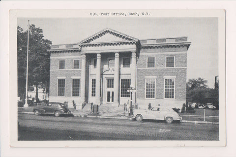 NY, Bath - US Post Office building, collection box, old cars postcard - w01994