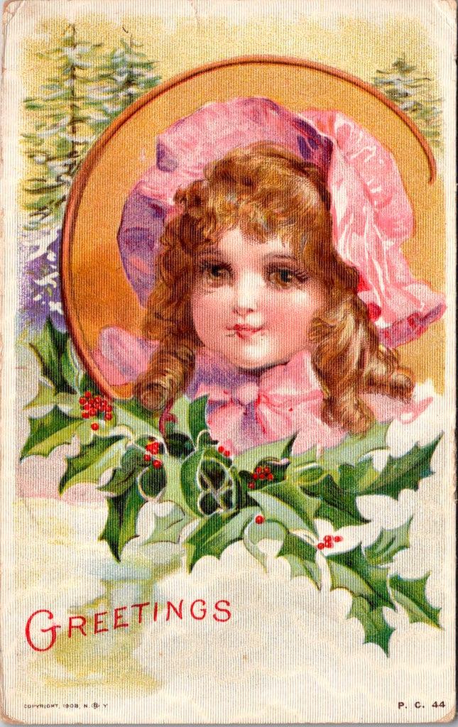 Xmas - Pretty little girl head shot dressed in pink with ringlets - Frances Brun