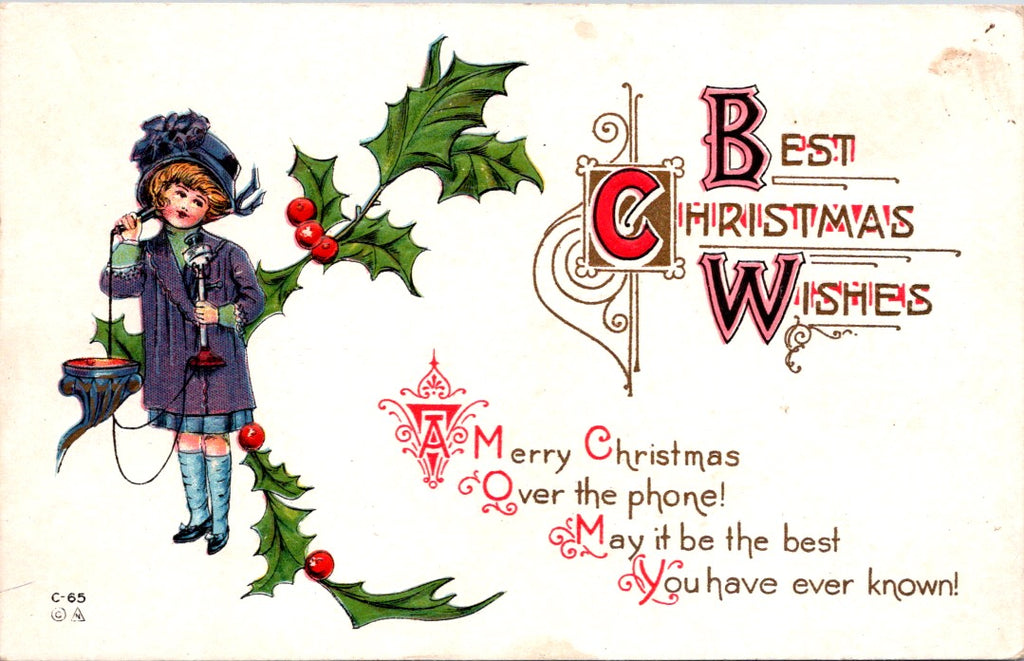 Xmas - Girl in purple coat talking on a stick phone - Nash C-65 postcard