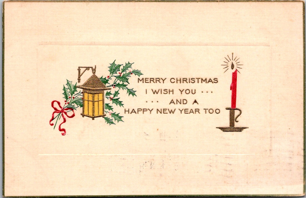 Xmas -  Merry Christmas and Happy New Year - red candle, lantern on postcard