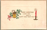 Xmas -  Merry Christmas and Happy New Year - red candle, lantern on postcard