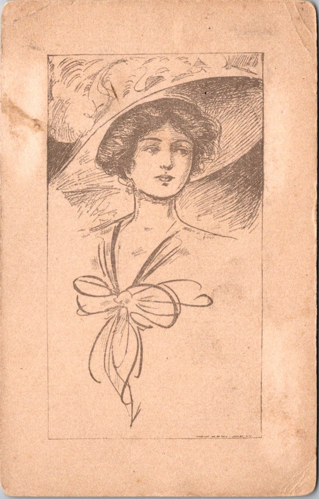 People - Female postcard - Young lady with large hat, sepia tone - w02154