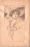 People - Female postcard - Young lady with large hat, sepia tone - w02154