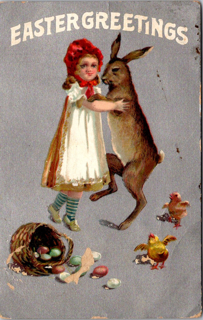 Easter - Anthropomorphic Hare dancing with little girl postcard - W02200