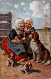Greetings - Misc - Dutch GIRLs with dog & puppies postcard - w02298