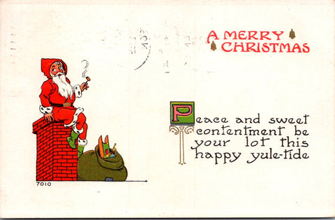 Xmas - Santa Claus sitting on a roof top chimney smoking a pipe postcard