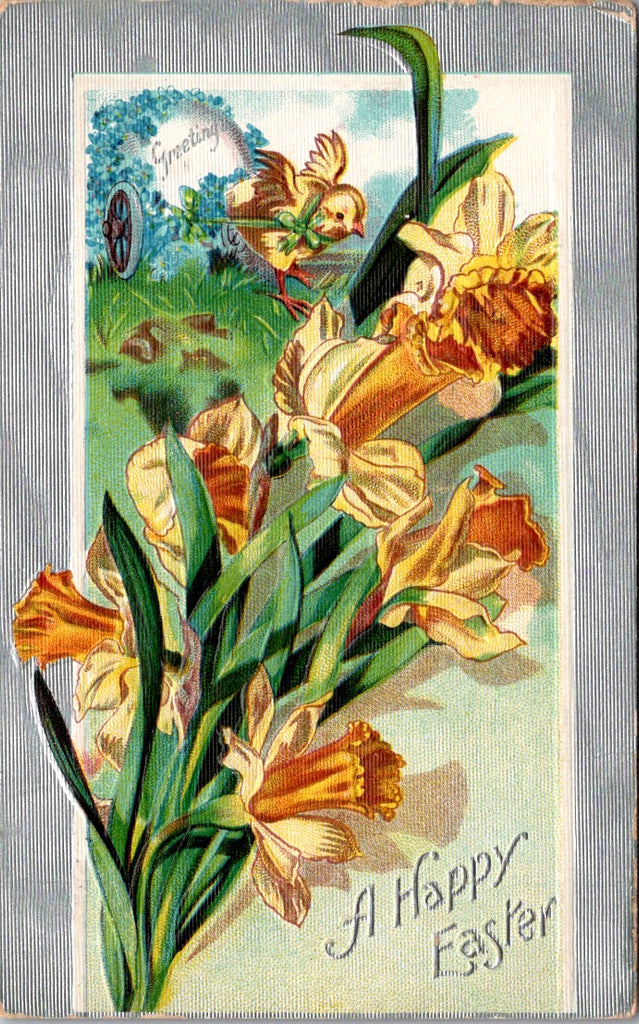Easter - Anthropomorphic - chick pulling a cart, daffodils postcard - W02432