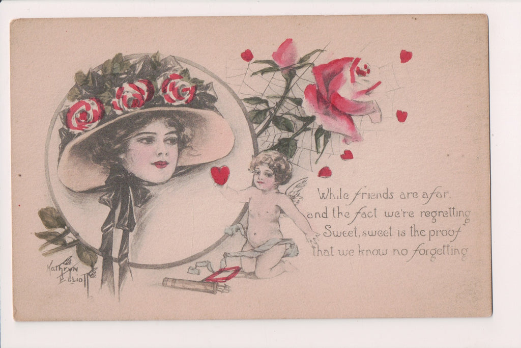 People - Female postcard - Young woman, cherub, roses - K Elliott - W02798