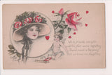 People - Female postcard - Young woman, cherub, roses - K Elliott - W02798