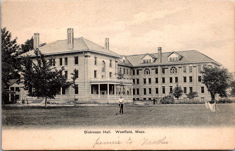 MA, WESTFIELD - Dickinson Hall, man with rotary push mower postcard - W02996