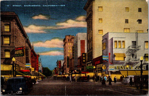 CA, SACRAMENTO - K Street - 1949 postcard with signs on bldgs - w03754