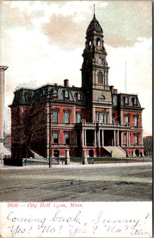 MA, LYNN - City Hall - 1908 WEST LYNN STATION cancel on postcard - w04761