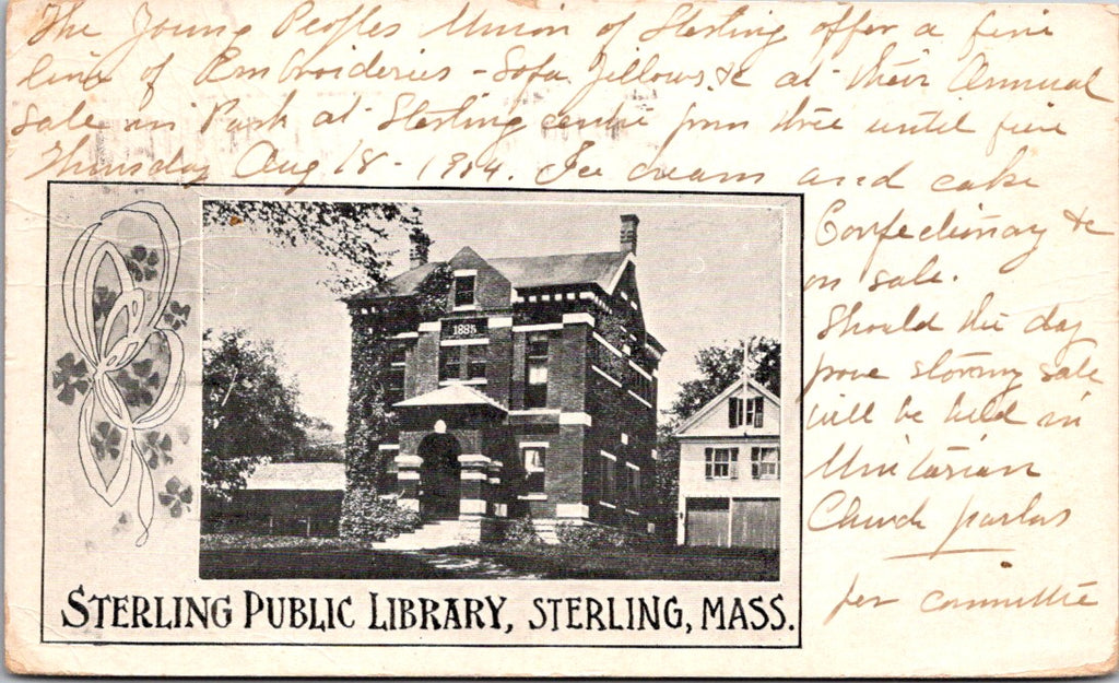 MA, STERLING - public library with 1885 over entryway - 1904 postcard - w04843
