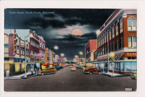 NE, NORTH PLATTE - Dewey St at night - linen postcard - wk0177