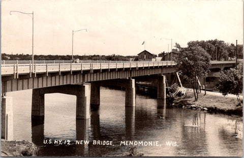WI, MENOMONIE - New bridge on US HY 12 - Mill Rose sign - RPPC postcard - wk0253