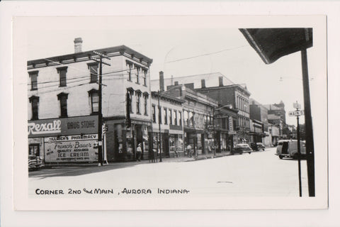 IN, AURORA - corner of 2nd & Main, barber pole, signs etc RPPC postcard - wk0254