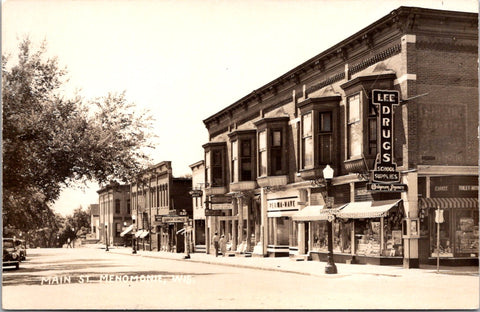 WI, MENOMONIE - Main St with signs, Junction 25 highway sign - RPPC postcard - wk0261