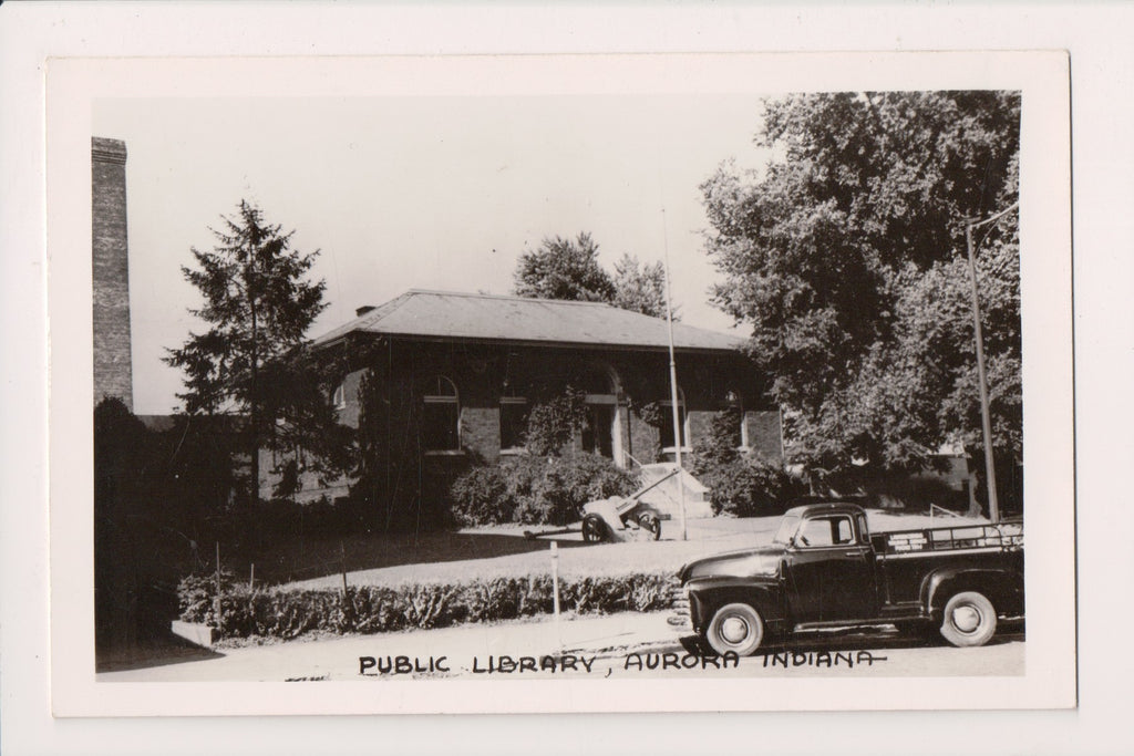 IN, AURORA - Public Library, work truck, canon RPPC postcard - wk0262