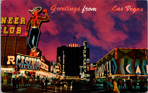 NV, LAS VEGAS - Fremont St with Pioneer Casinos Cowboy postcard - wk0364