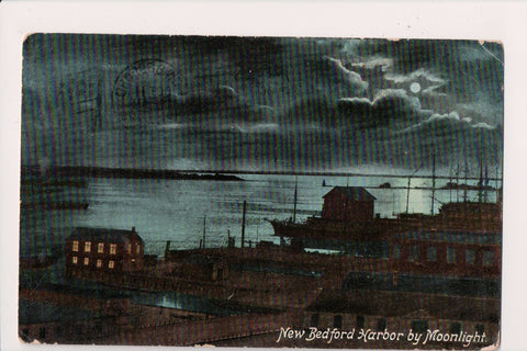 MA, NEW BEDFORD - Harbor by moonlight - 1909 flag postmark on postcard - C06323