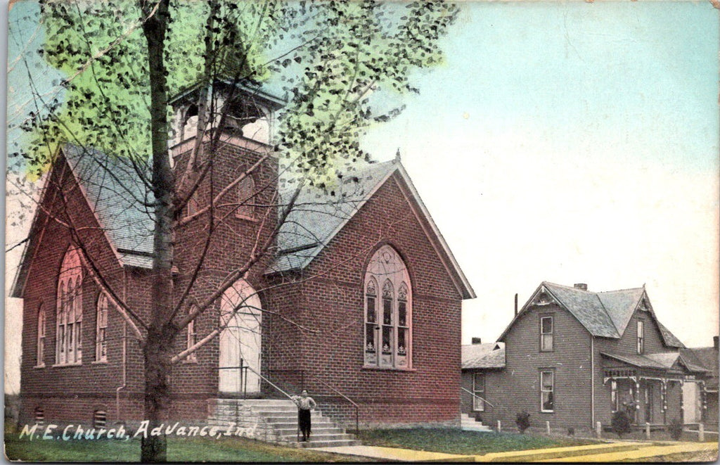 IN, ADVANCE - M E Church - person on steps, house next door postcard - E23344