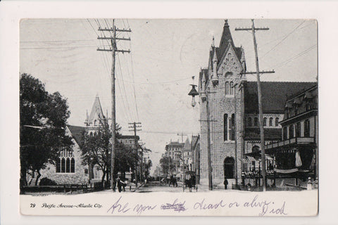 NJ, ATLANTIC CITY - Pacific Ave, churches on St, old lights, flags on building -