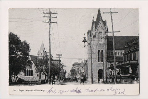 NJ, Atlantic City - Pacific Ave, churches on St, old lights, flags on building -