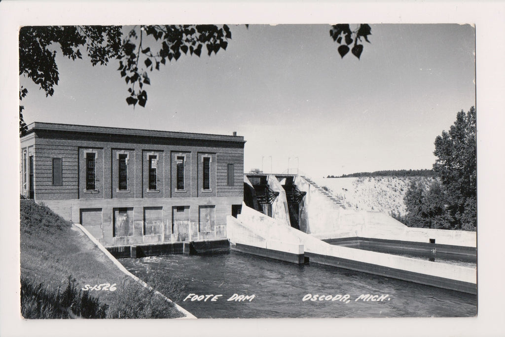 MI, Oscoda - Foote Dam, ?catch structures and building closeup RPPC postcard - w