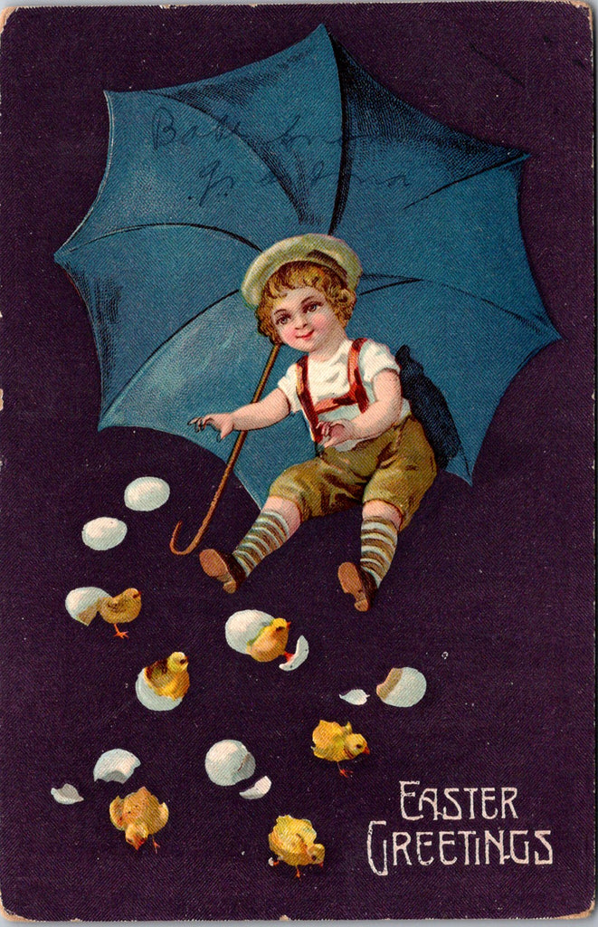 Easter - boy, large blue umbrella and hatching chicks postcard - 2k0163