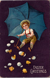 Easter - boy, large blue umbrella and hatching chicks postcard - 2k0163