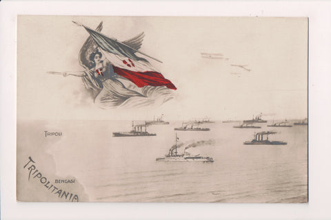 Ship Postcard - Fleet of ships, beautiful angel above RPPC - Tripolitania - 2k02