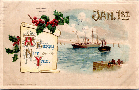 New Year - large sail boat with a tug nearby - Winsch postcard - 2k0253
