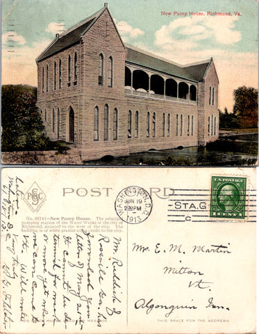 VA, Richmond - New Pump House closeup - 1913 postcard - 2k0529
