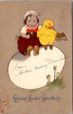 Easter - chubby little girl with arm around yellow chick postcard - 2k0840