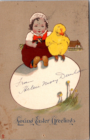 Easter - chubby little girl with arm around yellow chick postcard - 2k0840