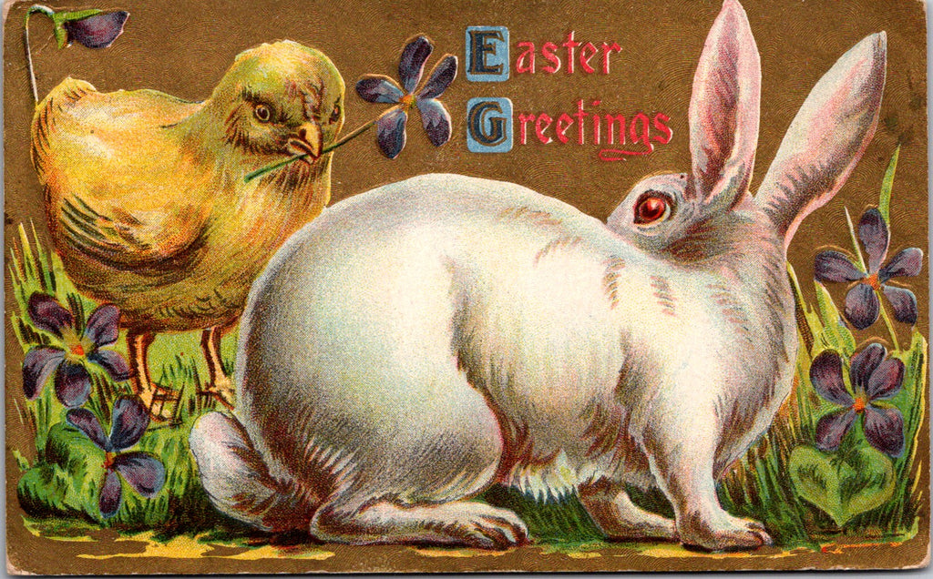 Easter - White rabbit with yellow chick postcard - 2k0841