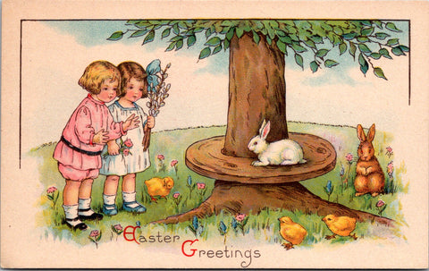 Easter - boy and girl, chicks and bunnies, pussy willows postcard - 2k0844