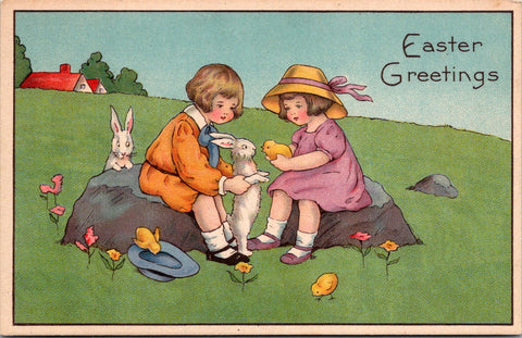 Easter - boy and girl showing rabbit to chick - Series 783C postcard - 2k0849