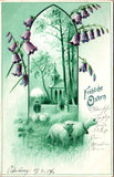 Easter - Frohliche Ostern - couple of sheep with bells on scene postcard - 2k117