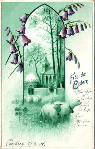 Easter - Frohliche Ostern - couple of sheep with bells on scene postcard - 2k117