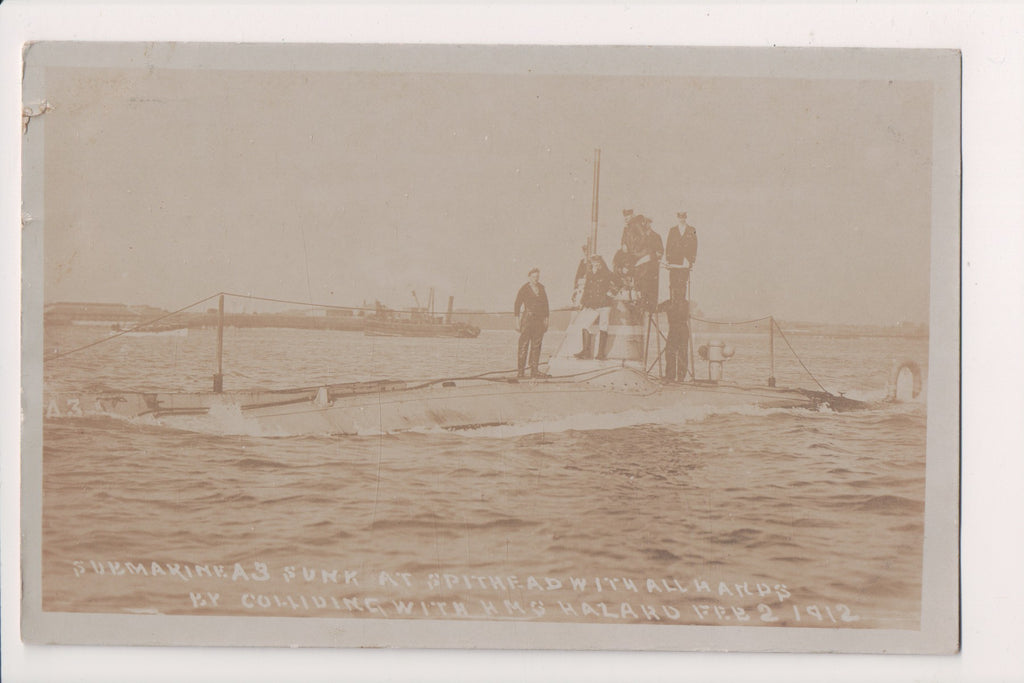 SHIP postcard - Submarine A3 sunk in 1912 - men on top - RPPC - 2k0021