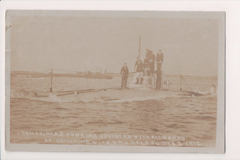 SHIP postcard - Submarine A3 sunk in 1912 - men on top - RPPC - 2k0021