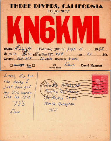 CA, THREE RIVERS - QSL HAM or CB Radio Call Card postcard - 2k0209