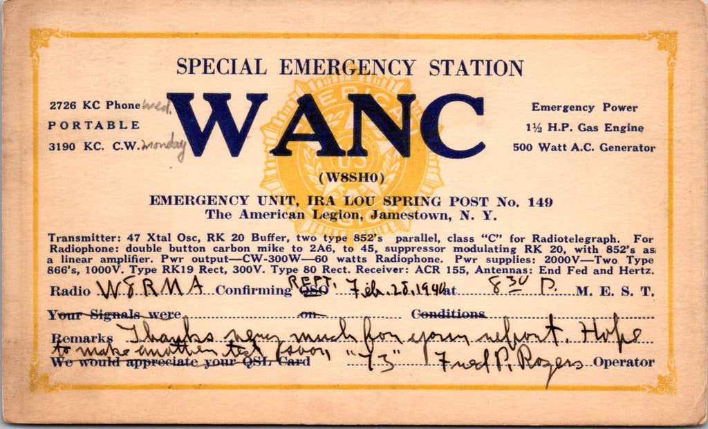 NY, JAMESTOWN - QSL HAM or CB Radio Call Card - Special Emergency Station - 2k06